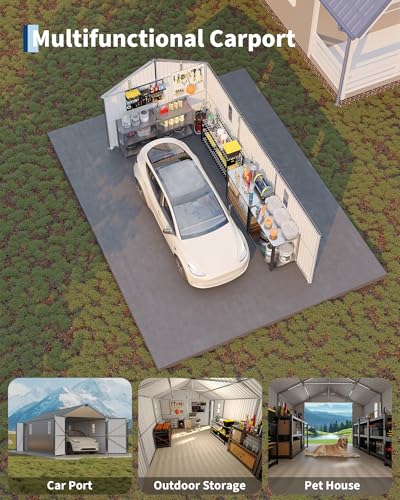 Image of GarveeLife 10x20 ft Metal Carport, Enclosed Car Port with Vertical Steel Roof for All-Weather Use, Metal Garage Shed with Man Door for Sedans & SUV, Gray