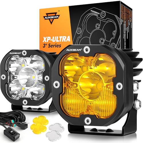 Image of Auxbeam XP-Ultra Series 3-Inch 80W Cube LED Pods with Amber White Covers | Spot flood combo beam, 9600LM decent off-road lights, Auxiliary driving fog lamp, Jeep Ford ATV truck ditch lights