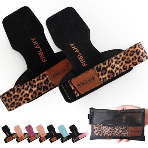Frelaxy Lifting Wrist Straps Women and Men, Weight Lifting Grips with Cushion Wrist Loop, Double Layer Leather and Storage Pouch, Gym Workout Straps for Deadlift and Powerlifting (Black/Leopard)