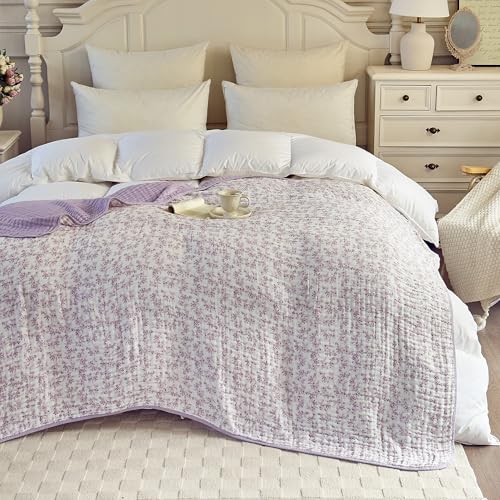 Image of Muslin Throw Blanket 100% Cotton 6-Layer Gauze Floral Pattern Cooling Blanket Lightweight Soft Breathable Quilt for All Season Both Sides for Sofa Bed (Floral Purple-a, Throw 50 inchx60 inch)
