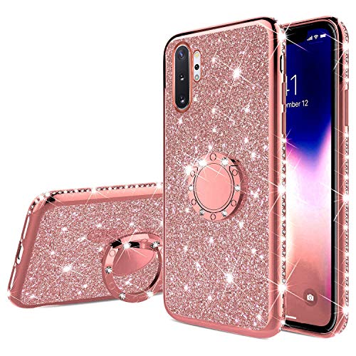 Robinsoni Case Compatible with Samsung Galaxy Note 10 Pro Phone Cover Flexible Galaxy Note 10 Plus Case Sparkle Silicone Case Diamond Edge Bling Case 360 Degree Rotation Ring Cover Ultra Thin Cover