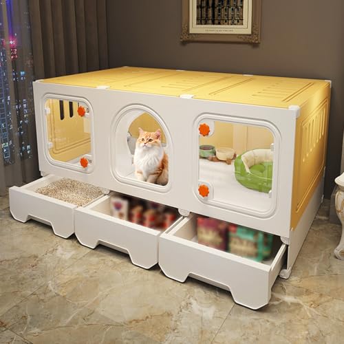 透明ドアとノブロック付きの猫のゲージ 猫用ケージ キャットゲージ 内部にトイレボックスと引き出し収納付きのPP樹脂製ケージ猫 猫 ケージ 子猫用の仕切り付き大空間 ネコ ケージ