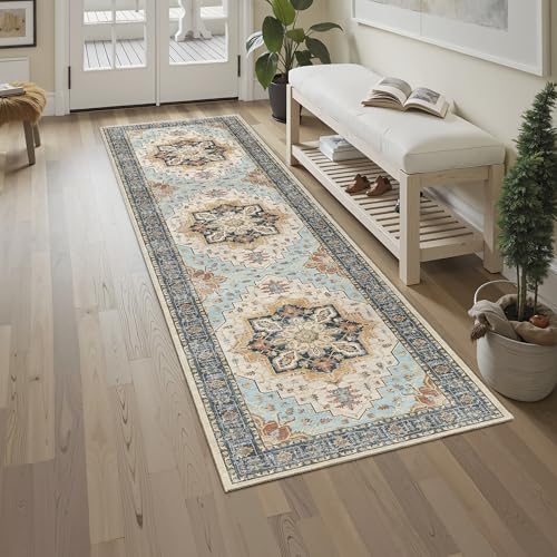 Madane Runner Rug 2x8, Washable Hallway Runner Rugs, Non-Slip Low-Pile Soft Kitchen Rug Runner Laundry Room Rug, Vintage Throw Entry Foyer Mat for Entrance Living Room (Orange/Blue, 2 x 8)