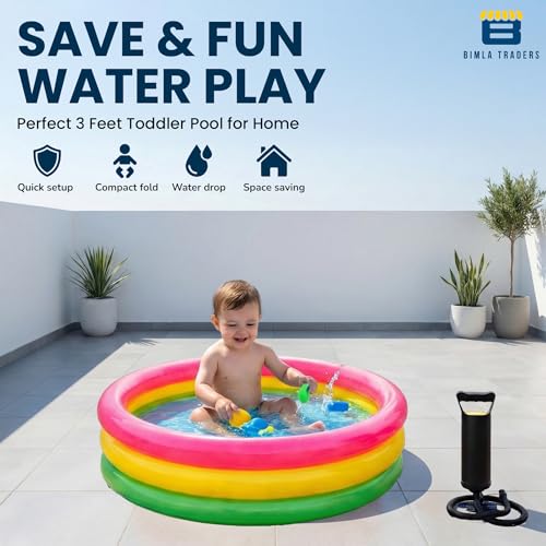 Image of Btag Premium Inflatable Family Swimming Pool for Kids & Adults | Extra-Large 34x10 inch 3 Feet 3-Layer Striped Bath Tub with Manual Air Pump for Home & Outdoor Use
