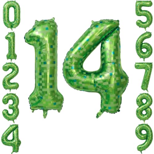 40 Inch Green Pixel Number 14 Balloon for 14st Gamer Party Birthday Decor