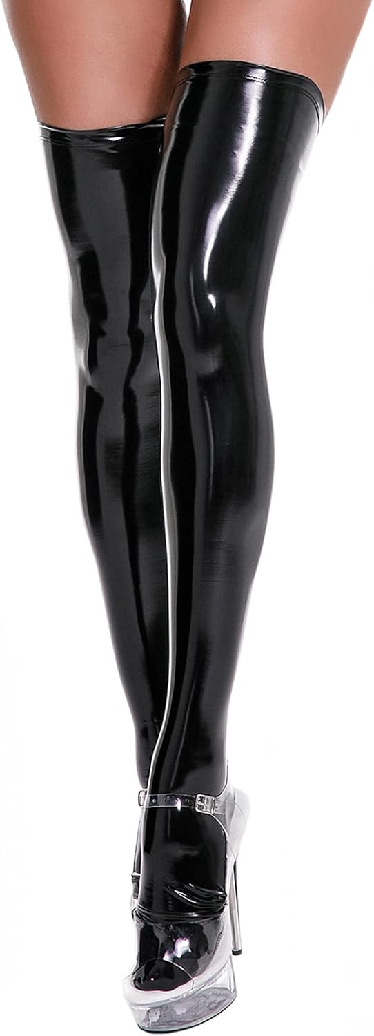 Women Wet Look Thigh High Stockings Women Leather Stockings Clubwear Thigh High Hosiery Shiny Glossy Socks Over Knee
