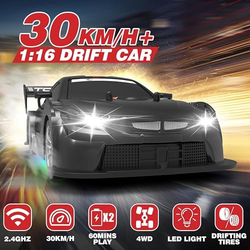 Image of Krishiv RCS RC Drift Car for Kids 6-12 - 1:16 4WD High Speed 30km /h Remote Control Car with LED Lights Rechargeable Battery Extra Drift Tyres Track Cones Wrench Toy Car Gift