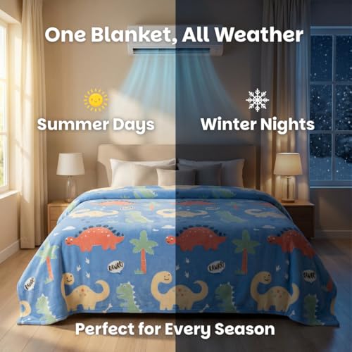 Image of Famyo Glow Blanket for Kids -Cute Dinosaur | Kids Blanket 0-15 Yrs | 200x152 cm Double Bed Blanket | Soft Flannel Blankets for Winter | Lab-Tested & Safe, (Blue)