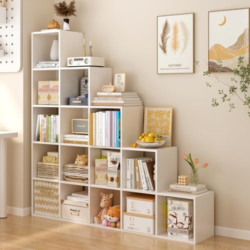 OSCHF Ladder Cube Storage Bookcase - Wooden L-Shaped 5-Tier Corner Shelf, Reversible 15-Cube Organizer for Home & Office, White