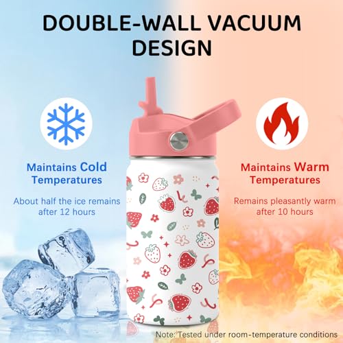 Image of Strawberry Water Bottle, Stainless Steel Insulated Tumbler with Straw Lid and Handle, 12oz Reusable Leak-proof Bottle for Sports