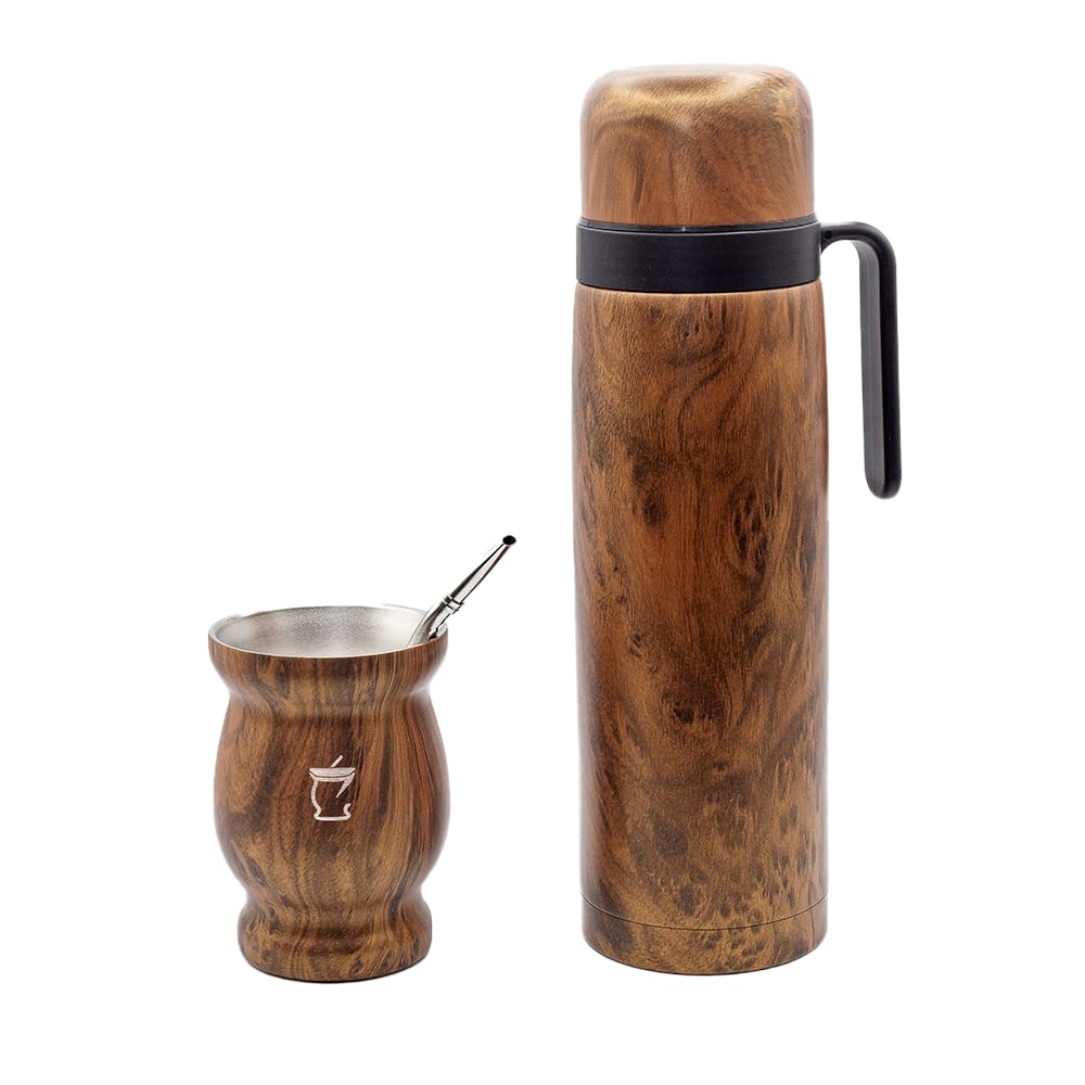 Kit con Mate, Termo y Bombilla de Acero Inoxidable - incluye vaso térmico con doble pared - libre de BPA (Marrón)