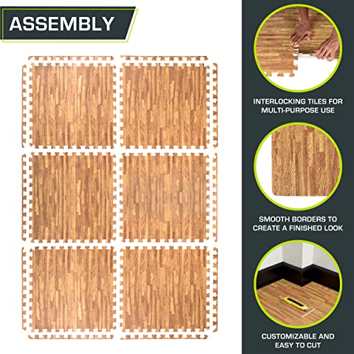 Image of ProsourceFit Wood Grain Puzzle Mat -inch, 6 EVA Foam Interlocking Floor Tiles (24 SQ FT) for Secure Indoor Gym Flooring, Office Spaces, Living Rooms, and Play Areas, Light Oak