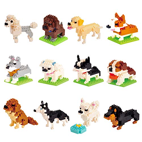 Kimiangel 12 in 1 Box Mini Dog Building Blocks Sets for Goodie Bags, Prizes, Boy and Girls Gift/Birthday Gifts Party Favors for Kids 8-12 Easter Basket Stuffers 1372PCS