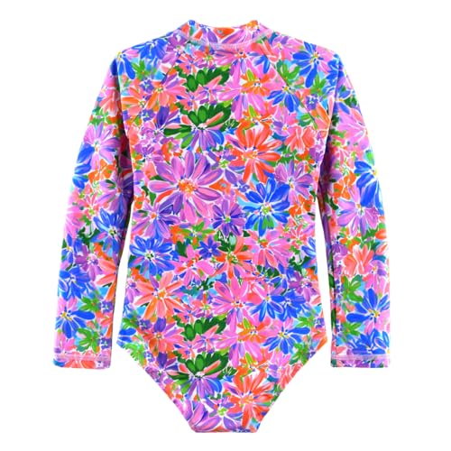 Image of Kids Girls Rash Guard Long Sleeve One Piece Swimsuits Zipper Bathing Suits UPF 50+ Tropical Plant Flowers Ages 3-12
