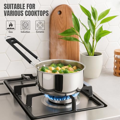 Image of Kraft Stainless Steel Saucepan Combo Set of 3-1, 1.4 and 1.8 Litre, Durable and Versatile Sauce Pan for Tea, Riveted Sturdy Bakelite Handle, Induction & Gas Base, for Chai, Milk, Soup, Egg