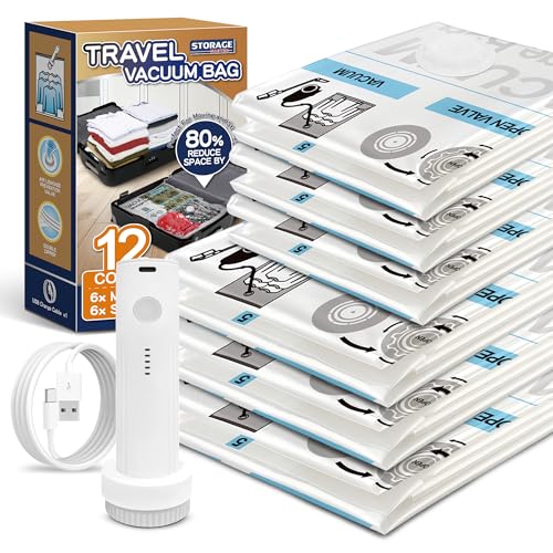 Image of Storage Master Space Saver Bags for Travel and Home Reusable Vacuum Storage Bags Save 80% More Storage Space Work with Vacuum Cleaner (12 Combo with Electric Pump)