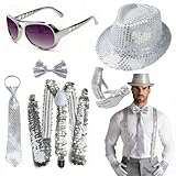 yolzhxe 6 Piezas Accesorio Disco Hombres, Sombrero de Lentejuelas, Pajarita, Tirantes, Corbata, Guantes y Gafas, Disfraz Disco años 70 80, para Carnaval, Año Nuevo, Celebración, Plata
