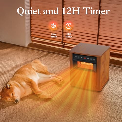 Quartz Infrared Heater for Indoor Use: 1500W, 3 Heat Settings, 12H Timer, Wood Frame, Large Room Office