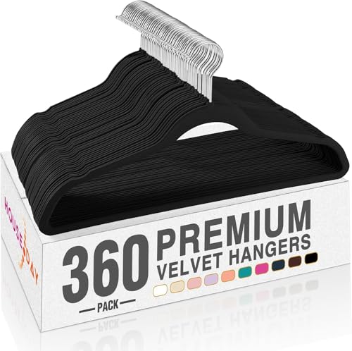 Image of HOUSE DAY Black Velvet Hangers 360 Pack, Premium Non-Slip Felt Clothes Hangers, Sturdy Black Hanger Heavy Duty Durable for Coat, Suit, Space Saving No Hanger Mark Rotating Hook