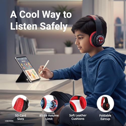 Image of Marvel Spider-Man Kids 3D Bluetooth Wireless Stereo Headphones with Mic| Foldable Ear Cups | Kids Safe 85dB Volume| Aux & SD Card Input | RGB Lights | 30H Playtime | Perfect for Boys | Ages 5-16