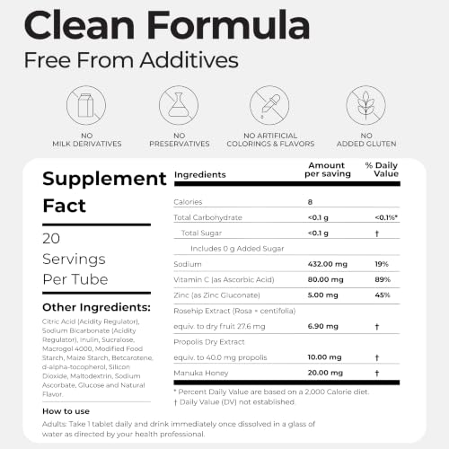 Image of 5 in 1 Immunity Plus - Immune Support & Antioxidant Supplement - Vitamin C, Zinc, Manuka Honey, Rosehip & Propolis - Natural Zesty Orange Flavor - 20 Day Supply Effervescent Tablets
