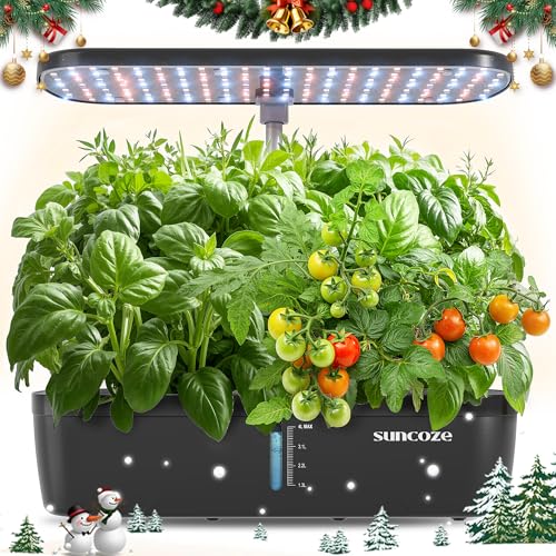 SUNCOZE Hydroponics Growing System Kit 12 Pods, Indoor herb Garden with 20W LED Grow Light, Visible Water Tank with Pump, 2.2'-12.4' Adjustable Height Indoor Gardening System, Gardening Gifts, Black