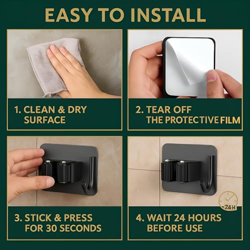 Image of DALUCI Adhesive Broom Holder Wall Mounted - Stainless Steel Mop Holder for Wall Without Drilling | Waterproof & Rustproof Broom Stick Holder Hook for Home, Bathroom & Kitchen (Black, 5 Pcs)