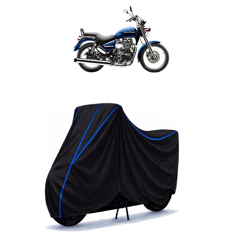Image of Thunderbird 500 STD Bike Cover Water Resistant Universal Motorcycle Rain | Heavy Duty UV Protection, Dust, Scratch Indoor Outdoor All Weather with Black Blue Piping Elastic