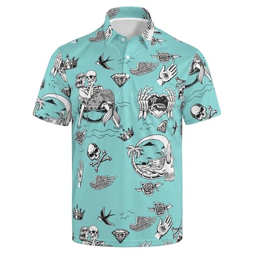 Bluemint Skull Mermaid Skeleton Teal Golf Polo Shirts for Men Funny Print Short Sleeve Performance Polos X-Large