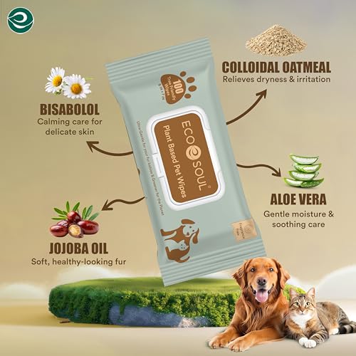 Image of ECO SOUL Pet Wipes for Dogs & Cats, Unscented Large Cleaning Wipes with Aloe Vera & Jojoba Oil | (100 Count Each, Pack of 4)