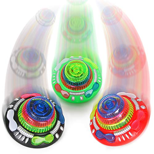 PROLOSO Spinning Top with Lights & Music Light Up Peg Tops LED Spin Toys Gyroscope Flashing Spinner Party Favors Pack of 12
