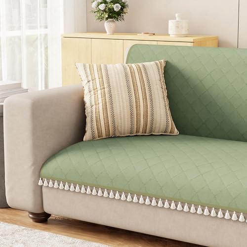 Image of Lukzer Quilted Sofa Cover Mat with Tassels for 3 Seater Sofa - Mint Green | Soft Washable Anti-Slip Protector for Living Room | Furniture Cover for Back-Seat Slipcover 180X150CM / SC-199-3T
