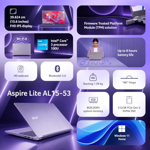 Image of Acer Aspire Lite, Intel Core 3-100U Processor, 8GB DDR4 RAM /512GB SSD, 39.62cm /15.6 inch FHD IPS Display, Win 11 Home, Steel Gray, 1.59 Kg,AL15-53, Thin & Light Laptop