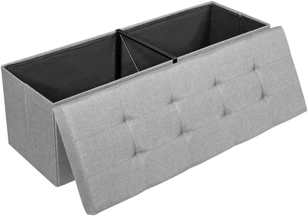 Pemberly Row Folding Storage Bench, 43.5"x15"x15", MDF Frame, Light Gray Oxford Fabric, 120-Liter Capacity, Metal Divider, Chesterfield Tufted Seat, Compact Design for Entryway, Living Room, or