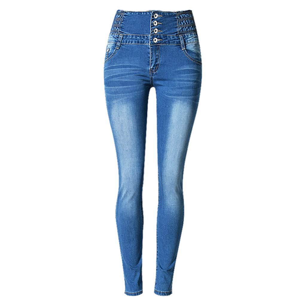Dninmim Pantalon moulant élastique taille haute pour femme, bleu, L