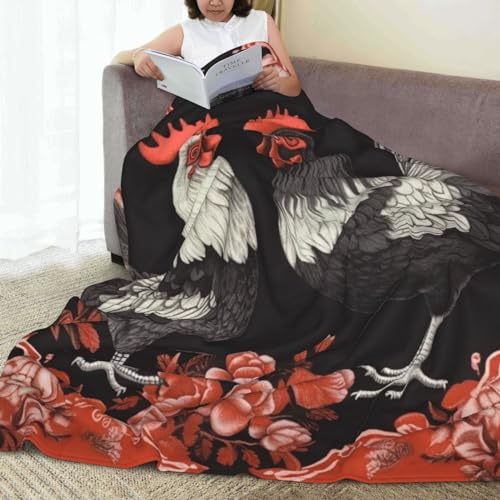 Couverture en flanelle douce microfibre coq fleurs rouges lit - 7