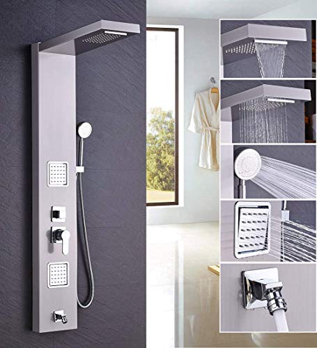 Colonne de douche moderne acier inoxydable gris avec mitigeur mural et écran de douche