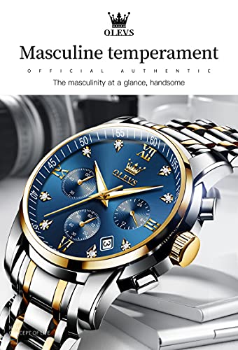 Image of OLEVS Men's Business Watch With Date, Luminous Quartz Movement, Waterproof Stainless Steel Strap, Stopwatch Timing Function - Silver Band, Gold Case, Blue Dial, Classic