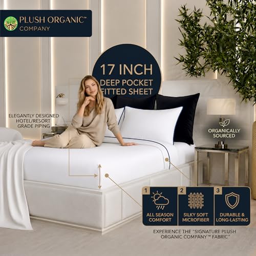 Image of Queen Luxury 4 Piece Bedsheet Set by Plush Organic Company, White with Navy Piping, Viscose (Rayon) derived from bamboo, Organically grown, Ultra Soft with17 inch Deep Pockets, 300 Thread Count