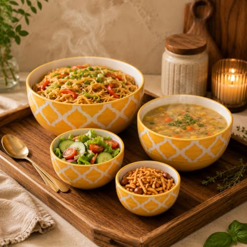 Image of Ceramic Mixing Bowl Set - 4 Pieces (1500ml, 800ml, 600ml, 400ml), Yellow - Durable, Microwave & Dishwasher Safe - Ideal for Mixing, Serving & Storage