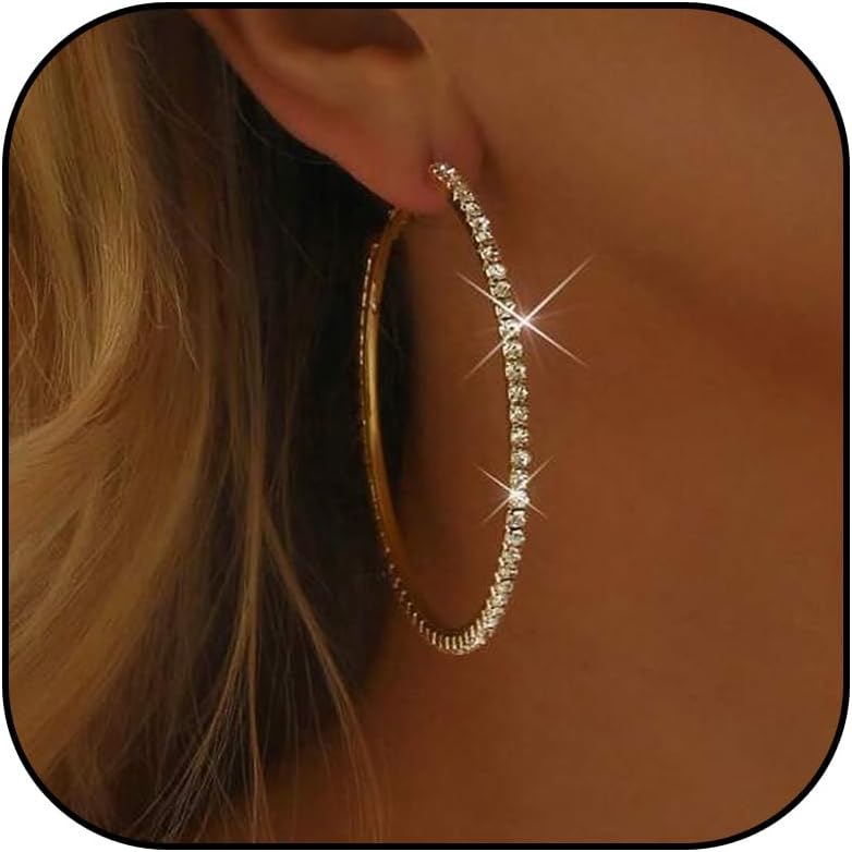 Large Rhinestone Hoop Earrings for Women 60mm Big Sparkly Gold/Silver Hoop Earrings Crystal Statement Hoops Earring Wedding Prom Formal Party Gifts