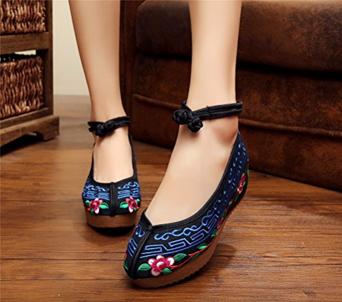 Qianmome Chinese Womens National Style Casual Embroidery Flat Sole Walking Canvas Mary Jane Wedge Shoes2