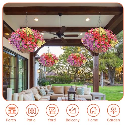 Artificial Hanging Flowers Basket, Fake Plants, Faux Silk Daisy Flowers, for Spring Summer Outdoor Decoration, UV Resistant, Coconut Planter, Look Real for Patio Garden Yard - Image 6