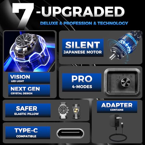 Image of ANWBROAD Watch Winder for Automatic Watches, 4 Modes Single Automatic Watch Winder box with LED Crystal Design, Rotating Watch Case with Super Quiet Motor with Type-C Adapter,UJWW006C