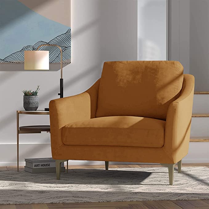 Furniture Wala Wooden SingleSeater Sofa Fabric Golden for Living