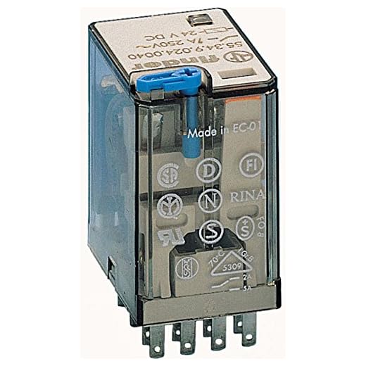 Finder 553490120040 relä, pluggbara, skyddsklass RT IV, 7 A, 12 VDC, med testknapp, mekanisk display