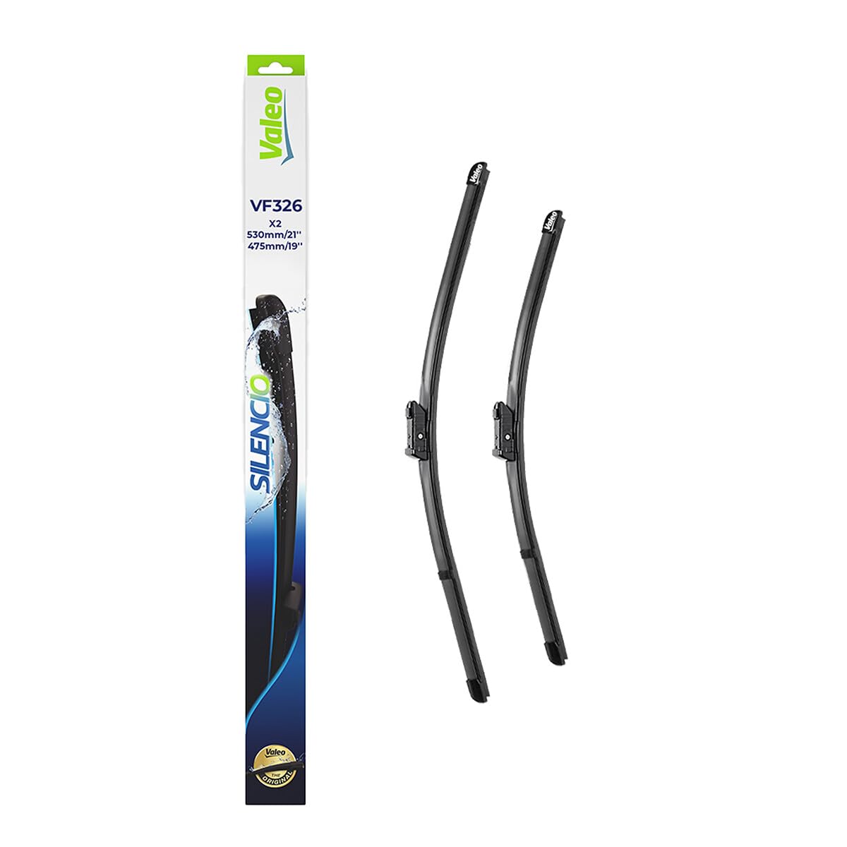 VALEO Silencio Wischer - VF326 - Leistungsstarke, hervorragende Sicht auf der Straße, einfache Montage - originale Flachblätter 530mm/475mm - Vorne - Set mit 2 Wischerblättern - 574382