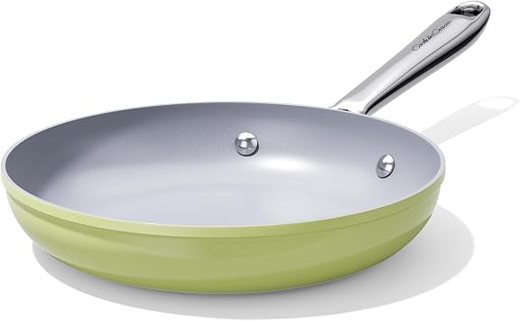 CookinCraze Nonstick Frying Pan Ceramic Skillet 8 inch for All Stovetops, PTFE/PFOA/PFAS Free Induction Ready Non Toxic Skillet with Stay-Cool Handle, Dishwasher & Oven Safe up to 500F, Olive Green