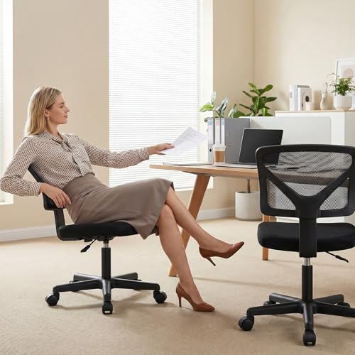Image of OLIXIS Armless Office Chair, Ergonomic Desk Chair with Wheels, Mesh Back, Removable Washable Foam Cushion, Height Adjustable Rolling Swivel Chairs for Small Space, Home, Office, Black