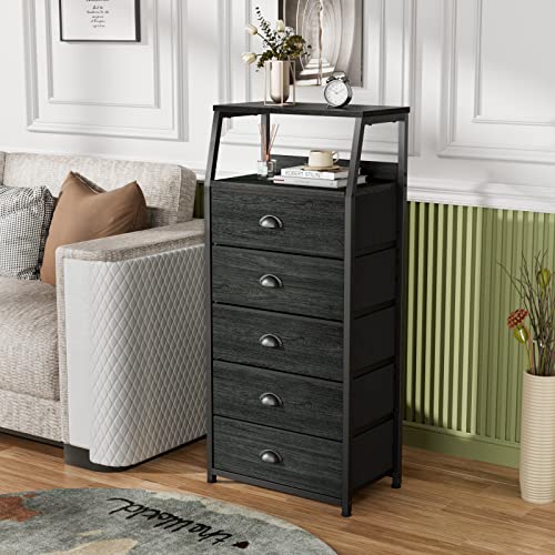 image for Furnulem Black Dresser with 5 Drawers, Vertical Storage Tower Fabric D